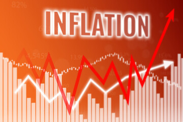 Word Inflation on red finance background with arrow. 3D render, soft focus