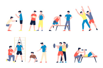 Fototapeta premium Fitness trainer. Cartoons character gym, flat trainers and man workout. Stretching and run, fit exercises. Morning gymnastic with coach, sport recent vector scenes