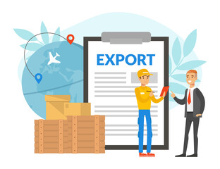 Businessman Talking to Courier Dealing with Global Goods Export Vector Illustration