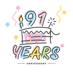 91 Years Anniversary handwritten typography lettering Greeting card with colorful big cake, sparkle firework, number, candle and confetti