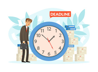 Tired Man Office Worker with Sad Face Having Urgent Deadline and Loads of Paperwork Vector Illustration