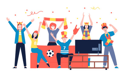 Sport tv fans. Teenager football watching on tv sitting on sofa. Flat fan friends support soccer team, characters group at home recent vector scene