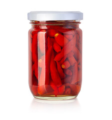 canned red peppers in a glass jar isolated