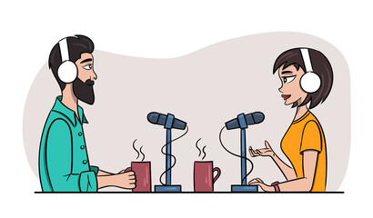 Man and woman are recording in studio. The podcast hosts speak into microphone