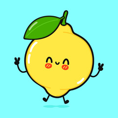 Cute funny jumping lemon. Vector hand drawn cartoon kawaii character illustration icon. Isolated on blue background. Lemon concept