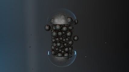 3d illustration. The glass capsule opens and black balls large and small fly out of it. Cosmetics or medicine, molecule or tablet.