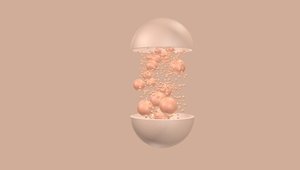 3d illustration. The matte capsule opens and pink balls, large and small, fly out of it. Cosmetics or medicine, molecule or tablet. - obrazy, fototapety, plakaty