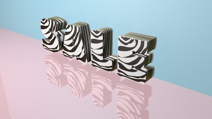 3d illustration. The inscription discount or sale, three-dimensional letters with a black and white pattern, zebra stripes stand on a glassy pink floor on a blue background.