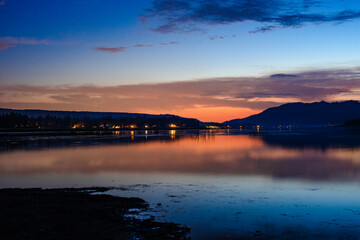 A slow shutter picture at Big Bear Lake around twilight.