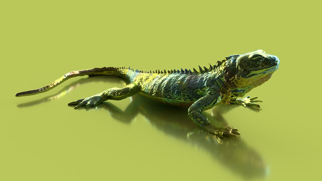 3d render green lizard with metallic glitter on a green background dynamic pose
