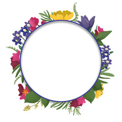 Elegant round botanical wreath with brigt colorful flowers and green leaves on white background. Perfect for invitation, birthday or wedding decor