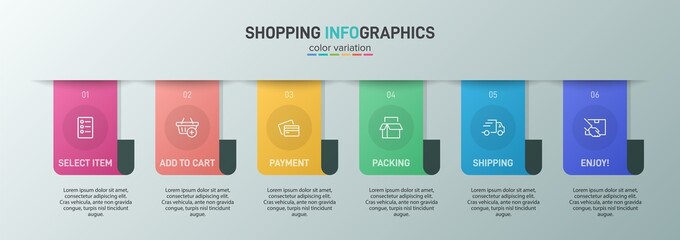 Concept of shopping process with 6 successive steps. Six colorful graphic elements. Timeline design for brochure, presentation, web site. Infographic design layout.