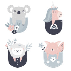 Vector illustrations of a cute koala, unicorn, fox and sheep sitting in little pockets