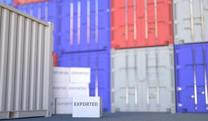 EXPORTED text on the cardboard box and cargo terminal full of containers. 3D rendering