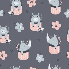 Seamless pattern with funny rhinos and hippos in pockets.