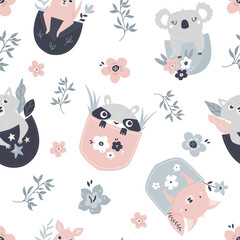 Seamless pattern with adorable animals in pockets.