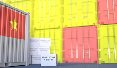 PRODUCT OF VIETNAM text on the cardboard box and cargo terminal full of containers. 3D rendering