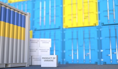Carton with PRODUCT OF UKRAINE text and many containers, 3D rendering