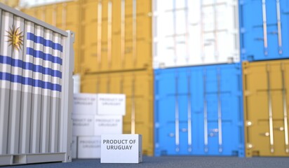 Carton with PRODUCT OF URUGUAY text and many containers, 3D rendering