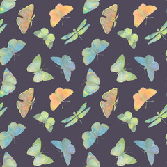 Naklejka na ściany i meble Seamless pattern Watercolor butterflies on a bright background. Botanical background of butterflies for design, wallpapers, wrapping paper, textiles.