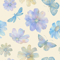 Fototapeta na wymiar Abstract, watercolor, seamless background for design, from delicate flowers and butterflies.