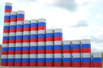 Rows of steel oil barrels with flag of Slovenia form downward trend. Petroleum industry crisis concept, 3D rendering