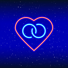 Rings inside neon heart. Backlit planet neon sign. Retro red neon heart sign. Romantic design for Happy Valentine's Day. Night light advertisement. Vector industry.