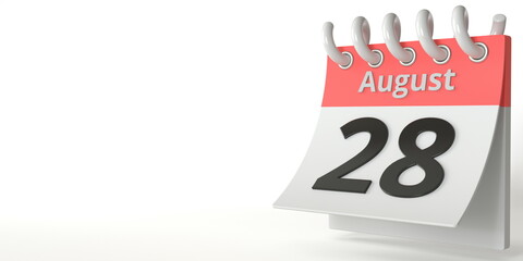 August 28 date on a tear-off calendar, 3d rendering