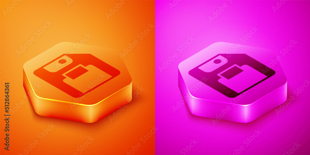 Poster isometric floppy disk for computer data storage icon isolated on orange and pink background. diskett