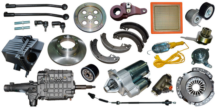 Auto parts on a white background. A set with many isolated items for a store or secondary market.