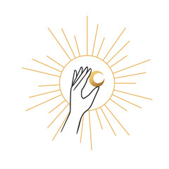 Gold Moon Mystical Icon logo. Hands holding Moon. Vector Illustration