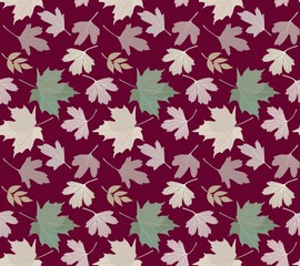 Bleached golden currant and ash autumn leaves and green maple leaves on brown background in vector. Natural print for fabric.