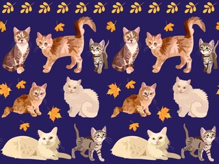 Seamless animal pattern with cats of different breeds and autumn leaves isolated on blue indigo shade background in vector. Fashion print for fabric, wallpaper.