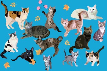 Cute cats and kittens, pink butterflies and yellow autumn leaves on curious blue background in vector. Seamless animal print for fabric, wallpaper. - 512865305