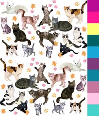 Realistically drawn cute playful cats of different breeds on a white background in vector and a collection of ten suitable colors for coloring the backdrop. 