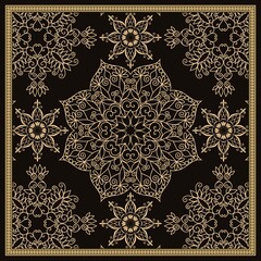 Golden lace pattern on a black background with a decorative frame. Print for scarf, handkerchief, pillow, napkin, carpet in vector. Vintage style.