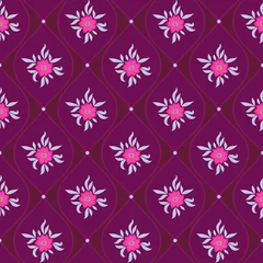 Tragetasche Repeating seamless pattern with clematis flowers and abstract leaves on purple background in vector. Natural print for fabric, wallpaper. © Happy Dragon