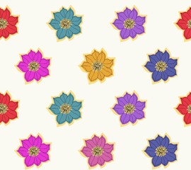 Joyful floral pattern with colorful clematis flowers isolated on white background in vector. Seamless summer natural print for fabric, wallpaper.