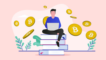 Bitcoin and crypto currency education - Man sitting on stack of books learning and studying. Flat design vector illustration - obrazy, fototapety, plakaty