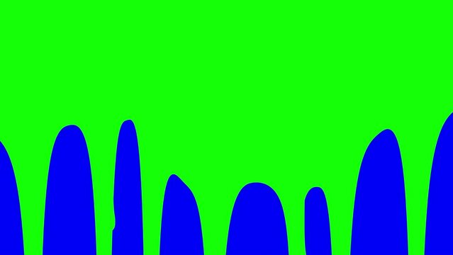 Green paint drips on blue screen background. Liquid flowing down the surface in streams, melting drops forming streaks. CG animated transition intro with chroma key.