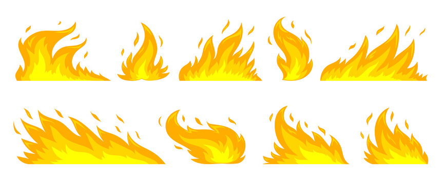 Fire flat set. Blazing bonfire flame. Danger ignition burn sign. Flammable hot fiery cartoon symbol