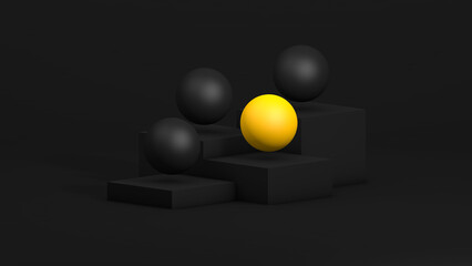Abstract simple composition with cubes of pedestals and black and gold glossy spheres. 3d render