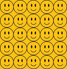 Funny outline face with smile yellow seamless pattern. Psychedelic groovy retro vintage graphic print. Positive y2k trendy vector illustration background design.