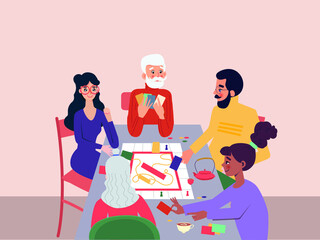 Group of diverse people joined with happiness while playing board game. Elderly people playing board game at nursing home. Vector illsutration