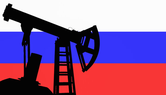 dark silhouette of oil pump the background tha flag of Russia, fuel and energy crisis, increase in energy prices, sanctions against russia