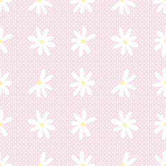 Floral print with chamomile flowers. Seamless pattern with summer white flowers on a pink polka dot background. Vector illustration