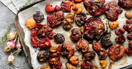 multicolored baked crushed potatoes close-up selective focus.