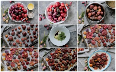 multicolored baked crushed potatoes step-by-step recipe cooking selective focus.