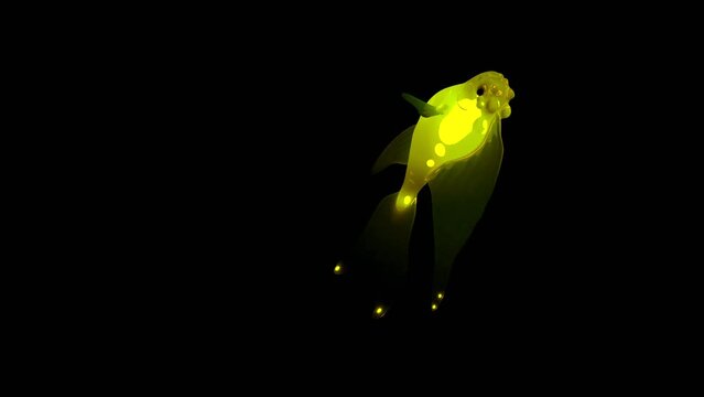 Black background with illuminated yellow and orange neon colors . Design. Bright animation with transparent neon fish that move in different directions very smoothly