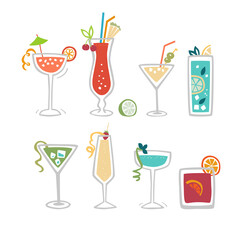 Classic cocktails vector set. Stylized drinks
